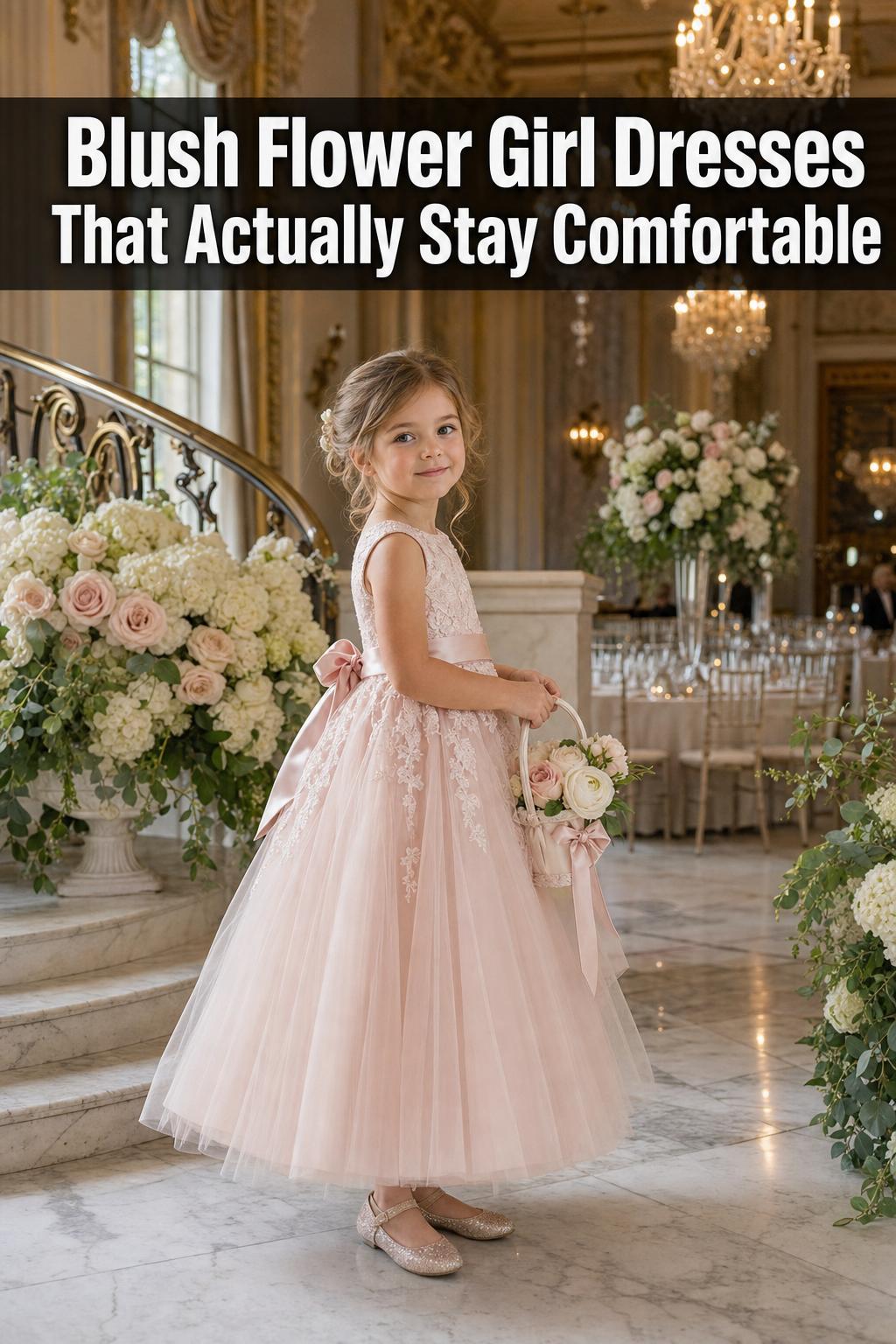 Blush flower girl dresses in a garden wedding setting, with delicate tulle skirts and satin sashes