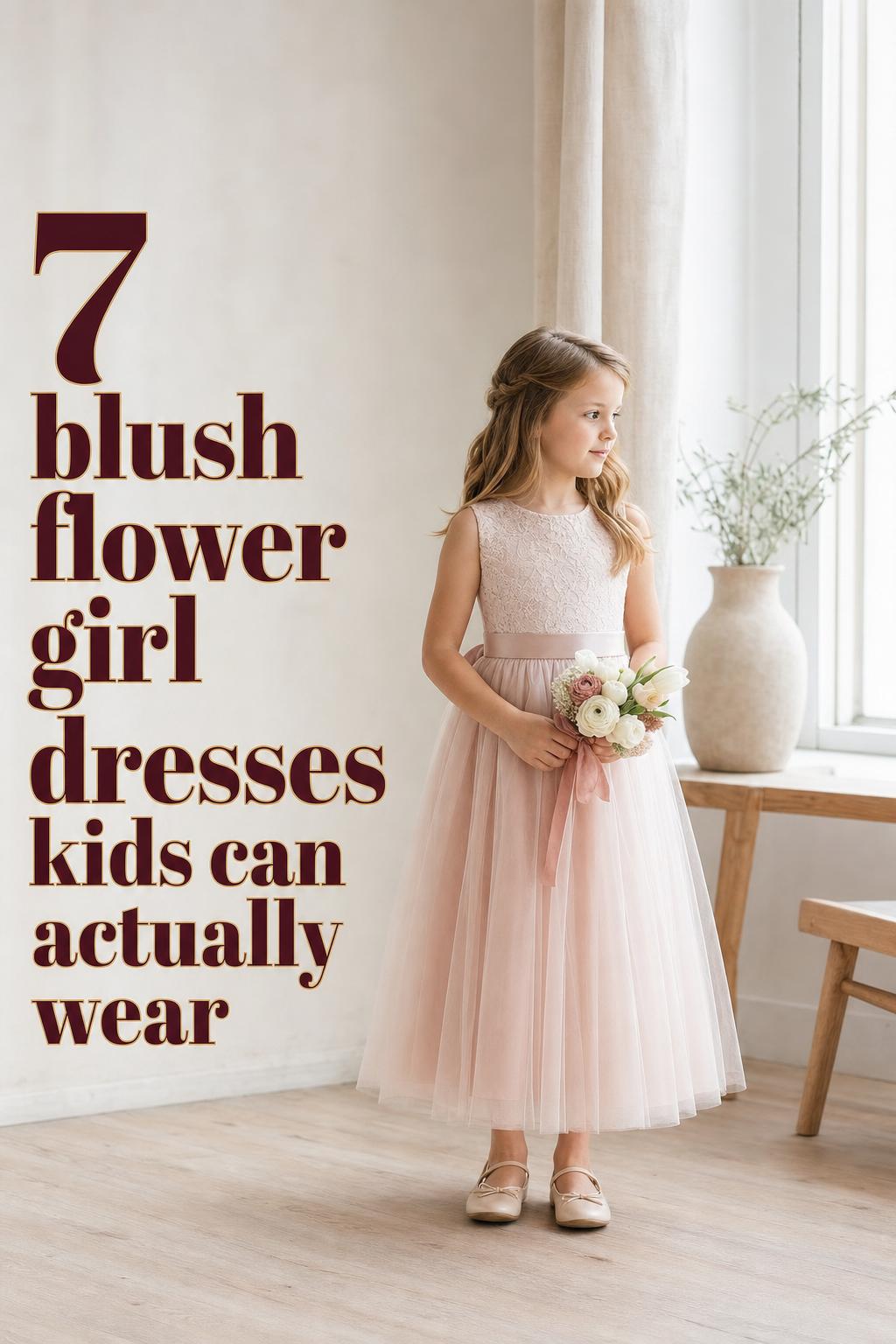 Blush flower girl dresses in a bright Scandinavian studio, young girl by a window holding a small neutral bouquet
