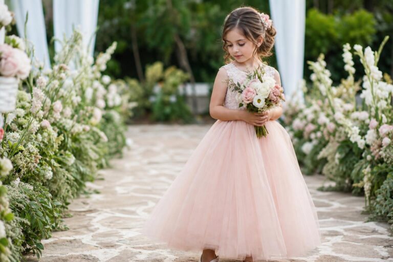 Blush flower girl dresses in soft tulle and lace, styled for a romantic wedding ceremony