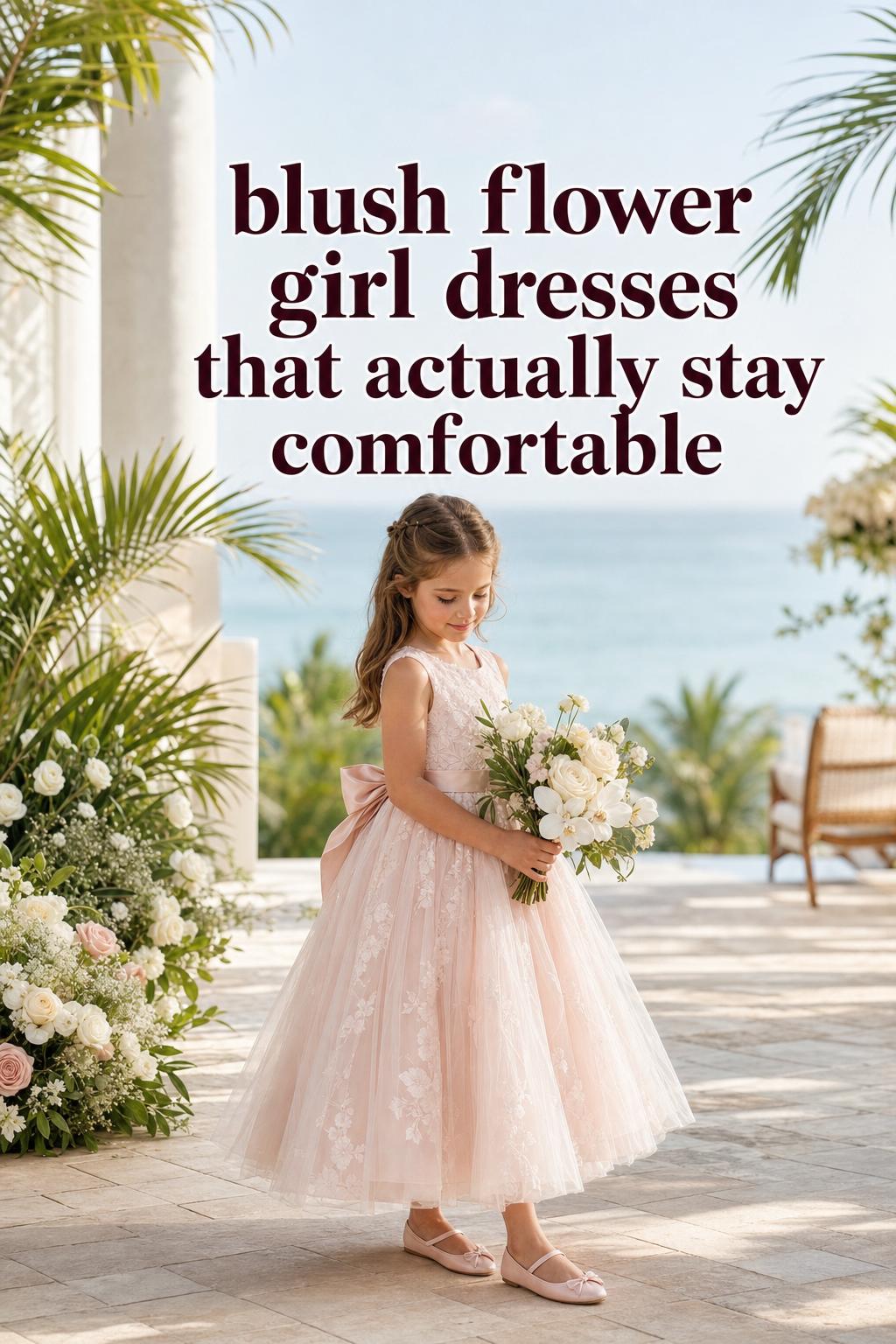 Blush flower girl dresses in a tropical luxury wedding photo, young flower girl on a palm-lined oceanfront villa terrace