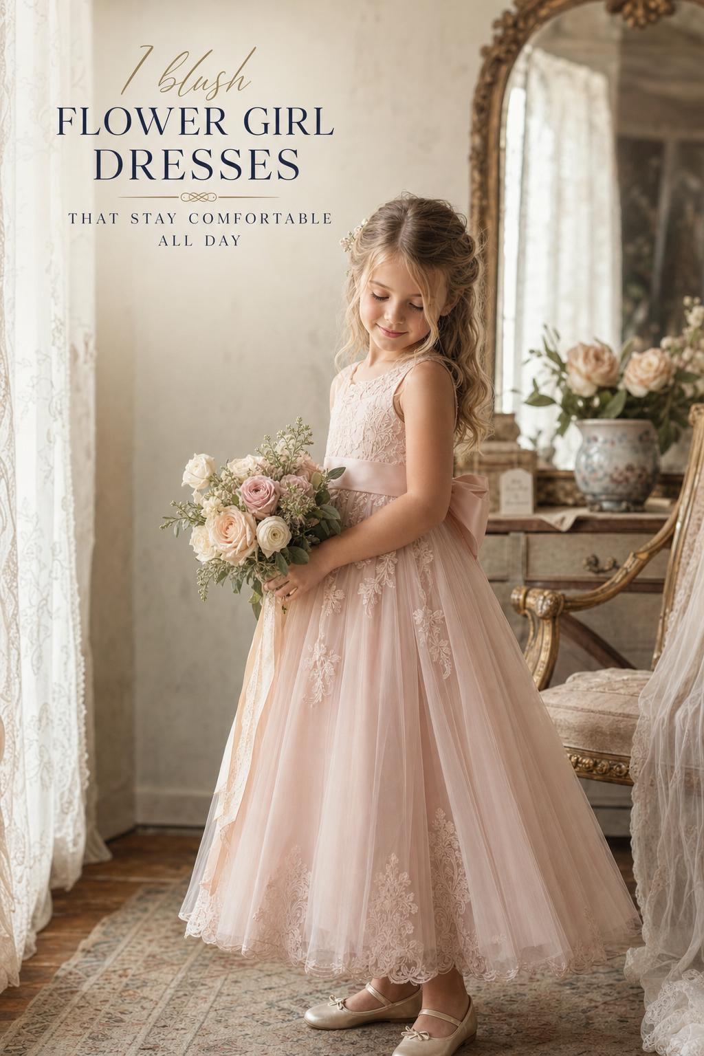 Blush flower girl dresses in vintage wedding photo, child by sunlit window holding a rose bouquet in an antique room