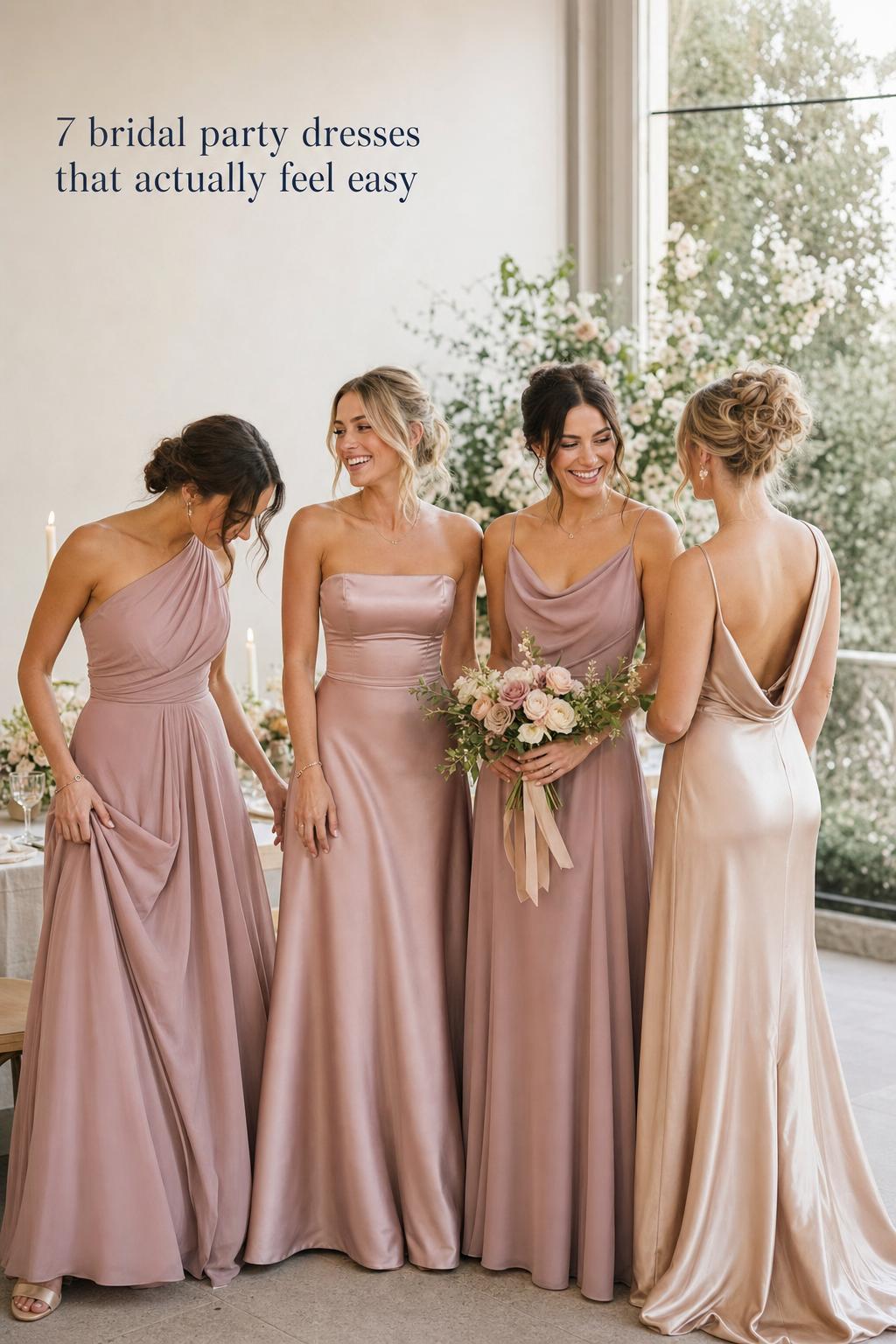 Bridesmaids in blush and mauve bridal party dresses posing in airy wedding venue with soft daylight and bouquet