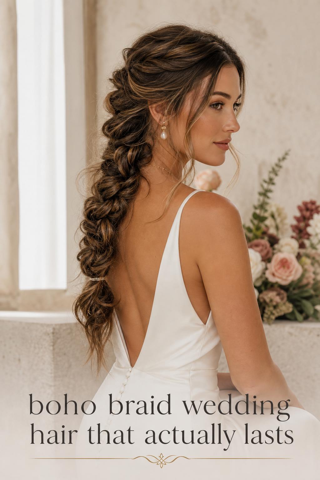 Modern bride in ivory gown with boho braid wedding hair, soft window light, close-up bridal editorial portrait