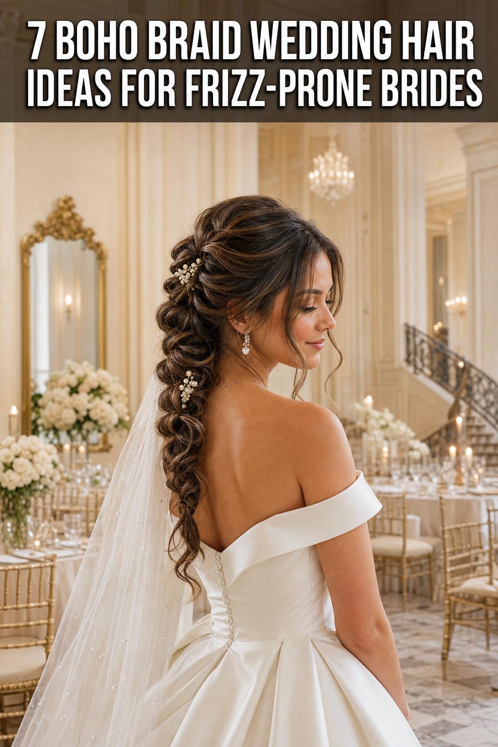 Boho braid wedding hair with soft waves and floral accents, photographed from the side in natural light