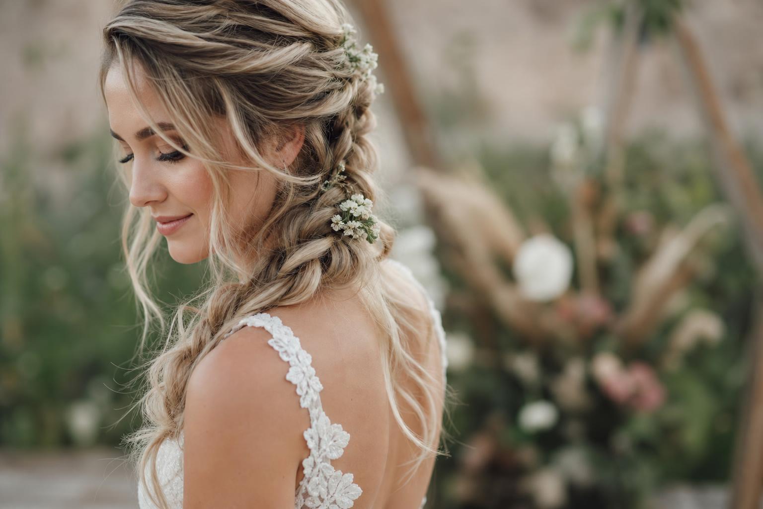 Boho braid wedding hair with soft texture and loose waves, photographed from behind for a romantic bridal look