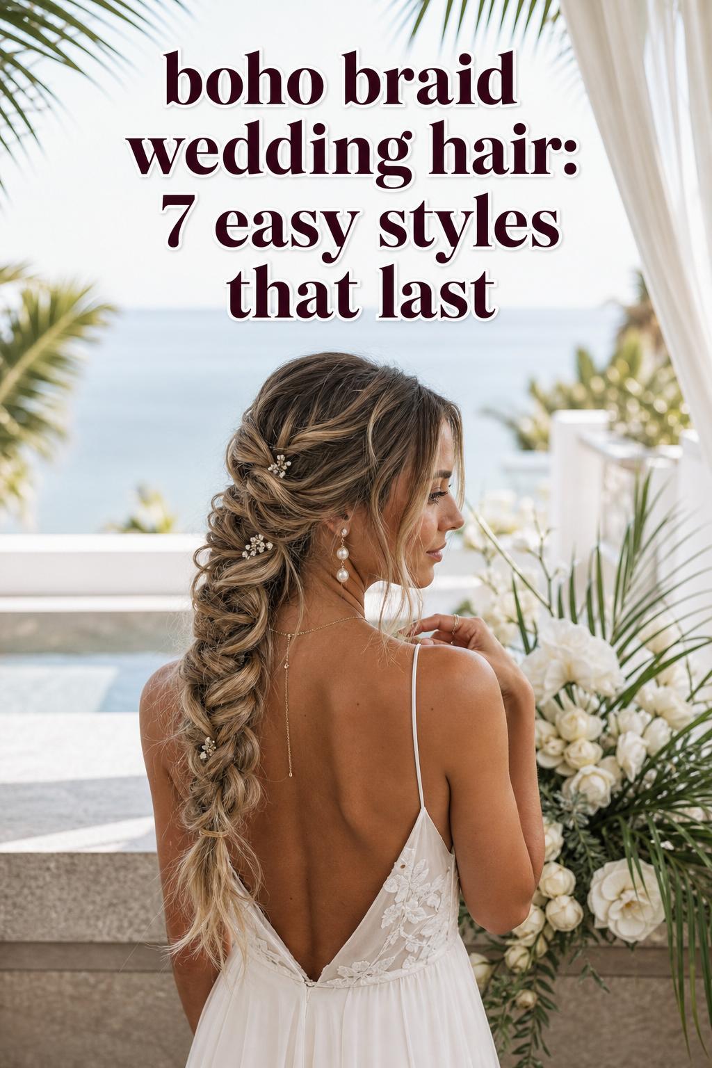 Boho braid wedding hair close-up on bride at a tropical destination wedding, showcasing textured braid and loose tendrils