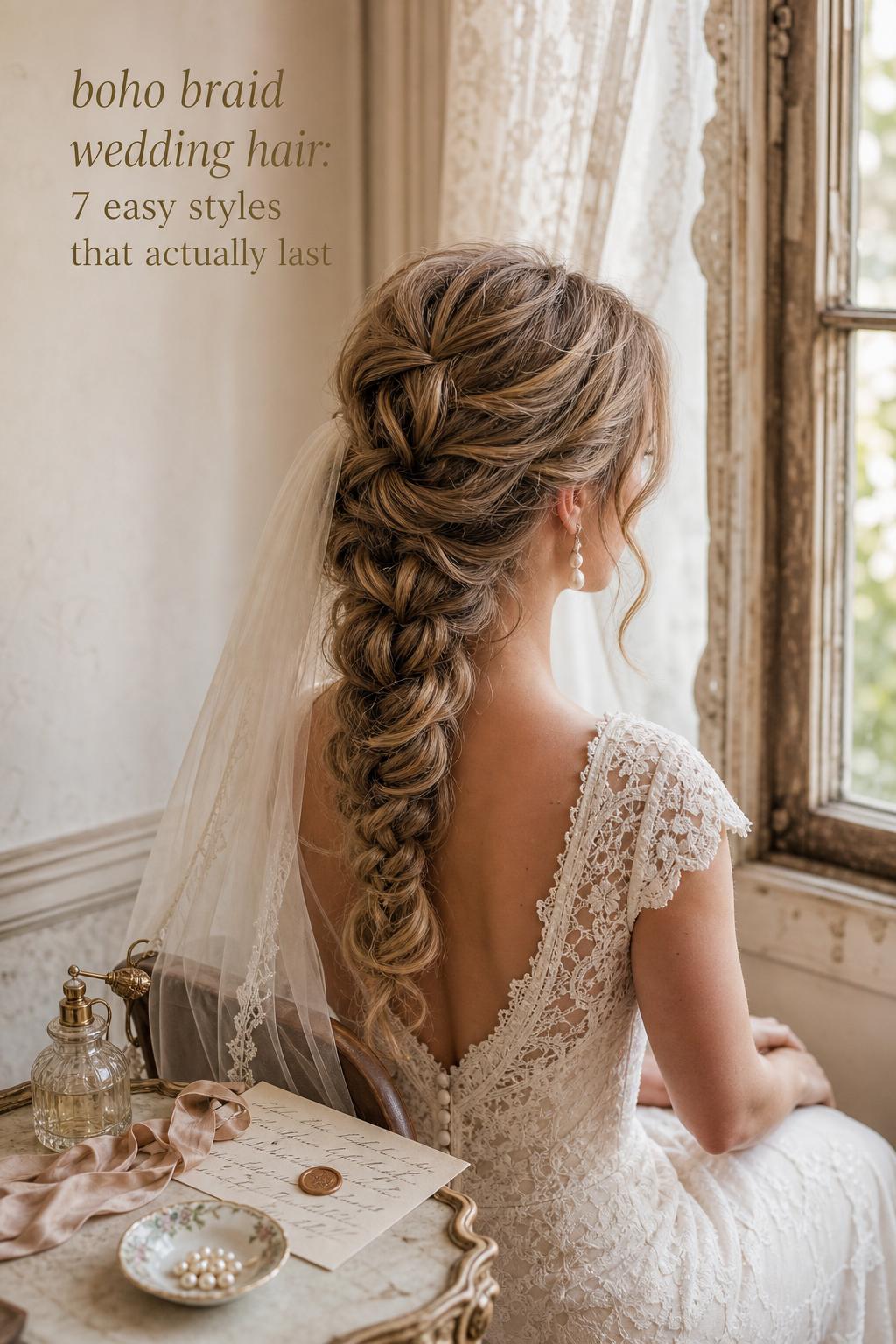 Boho braid wedding hair on a vintage bride by an antique window, featuring a soft textured braid, veil, and pearls