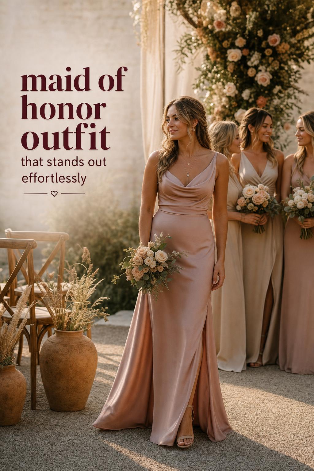 Boho luxe garden wedding maid of honor outfit in satin champagne gown at golden hour with bridesmaids softly blurred behind