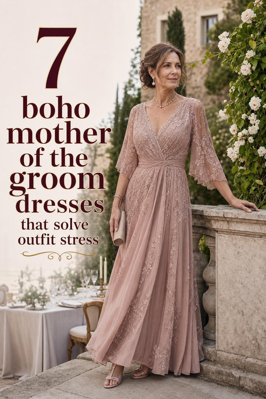 Elegant garden wedding look: boho mother of the groom dresses in dusty rose chiffon lace by a villa terrace balustrade