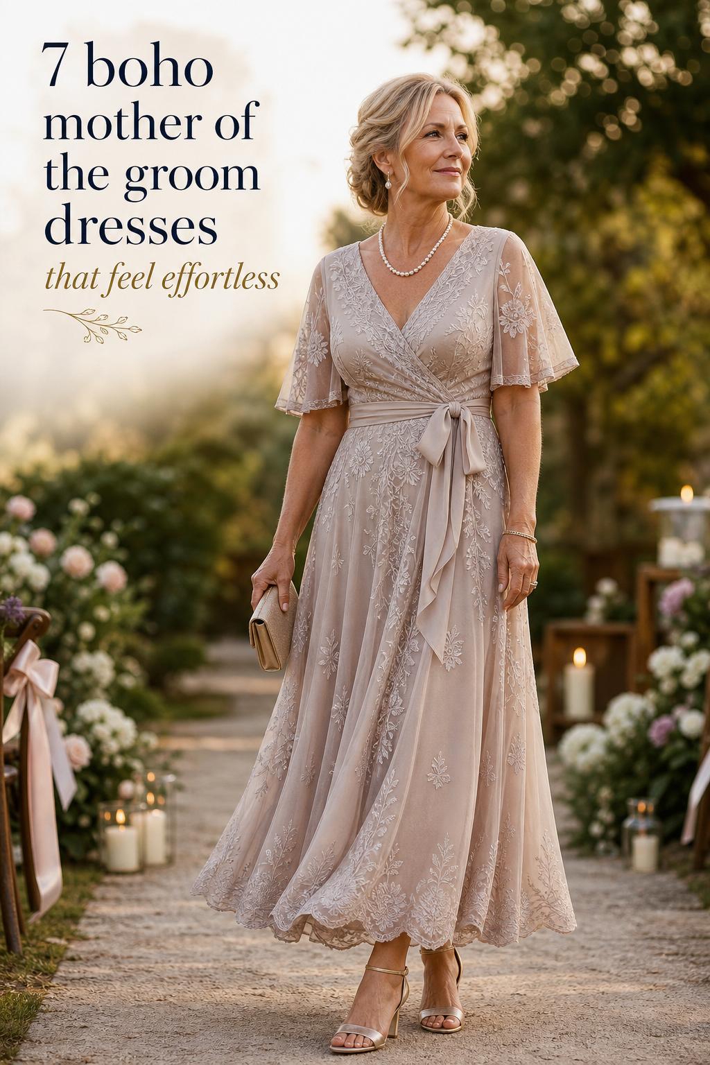 boho mother of the groom dresses on a confident woman in her 50s, chiffon lace maxi on garden path at golden hour