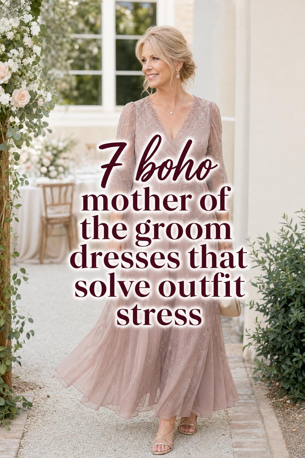 Boho mother of the groom dresses in airy chiffon and lace on a bright garden wedding path with elegant venue backdrop