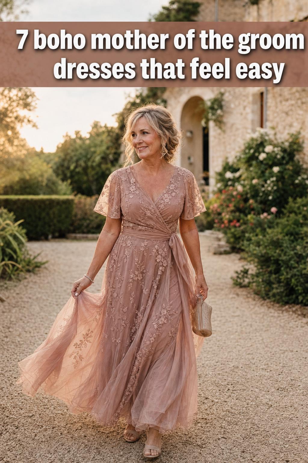 Boho mother of the groom dresses in soft lace and flowing chiffon for an elegant outdoor wedding look
