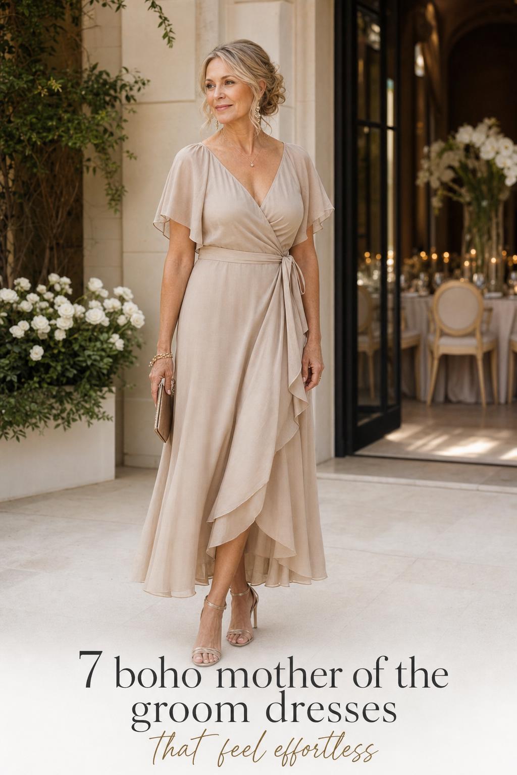 Elegant mature woman in a champagne boho mother of the groom dress at a bright garden-to-reception luxury wedding venue