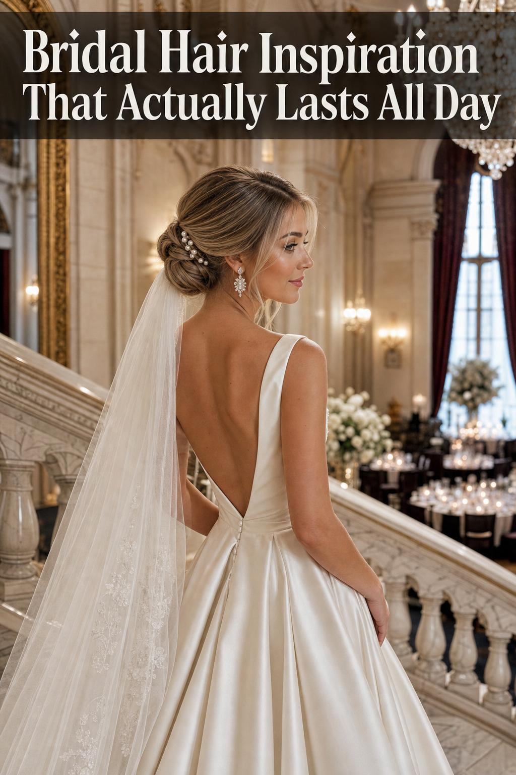 Bridal hair inspiration with romantic low bun and soft face-framing waves, accented with delicate pearl pins