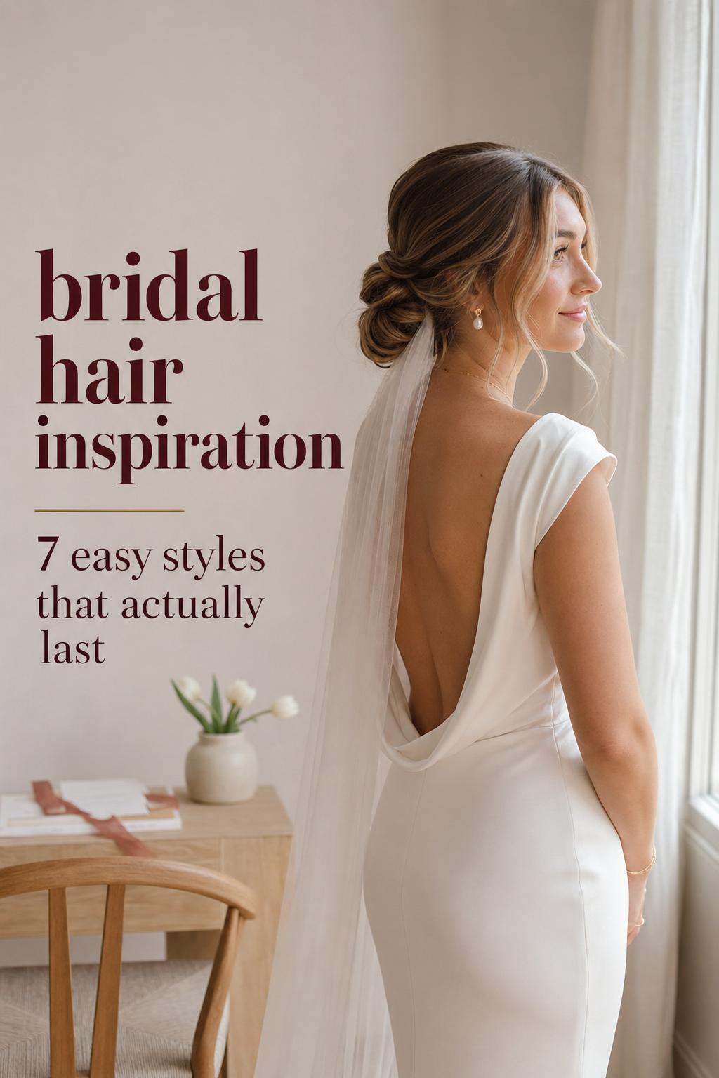 Bridal hair inspiration photo of bride in Scandinavian suite with low chignon, veil, and satin gown in soft window light