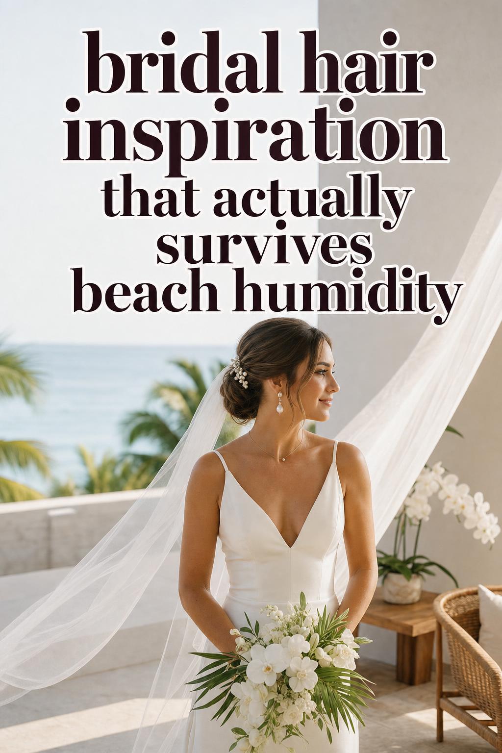 Bridal hair inspiration with sleek low bun and pearl pin, tropical villa terrace portrait in soft morning light
