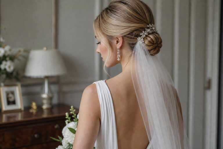 Bridal hair inspiration with sleek low bun and veil, photographed from the back in soft natural wedding light