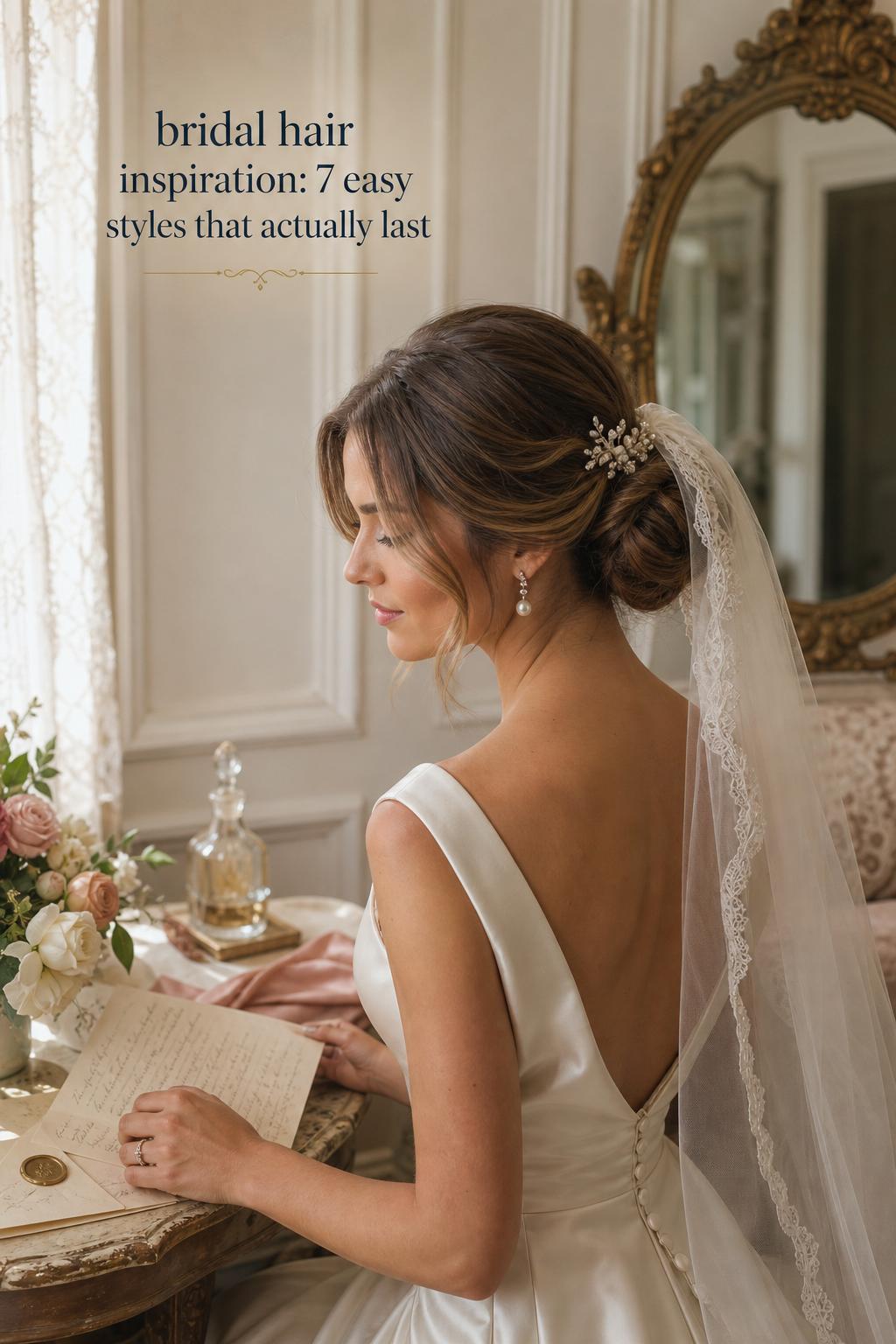 Bridal hair inspiration featuring a bride with a sleek low chignon and jeweled pin in a vintage window-lit room
