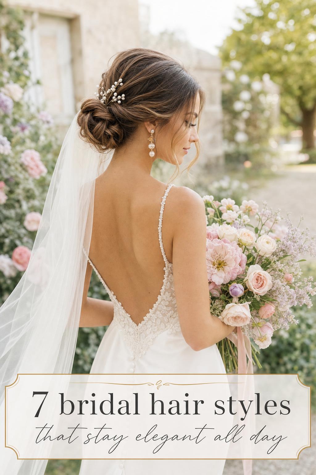 Bride in garden estate showing elegant low chignon with pearls and veil, bridal hair styles inspiration