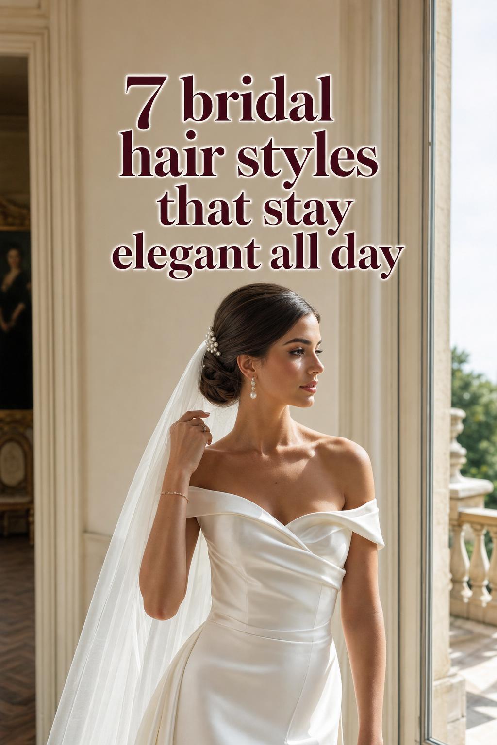 Modern bride by a window showcasing elegant bridal hair styles with low chignon, pearl veil, and satin gown in luxury ballroom