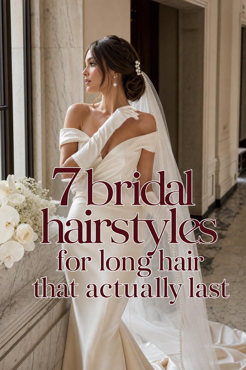 Bridal hairstyles for long hair featuring a sleek low chignon with waves and pearl barrette in a luxury hotel hallway.