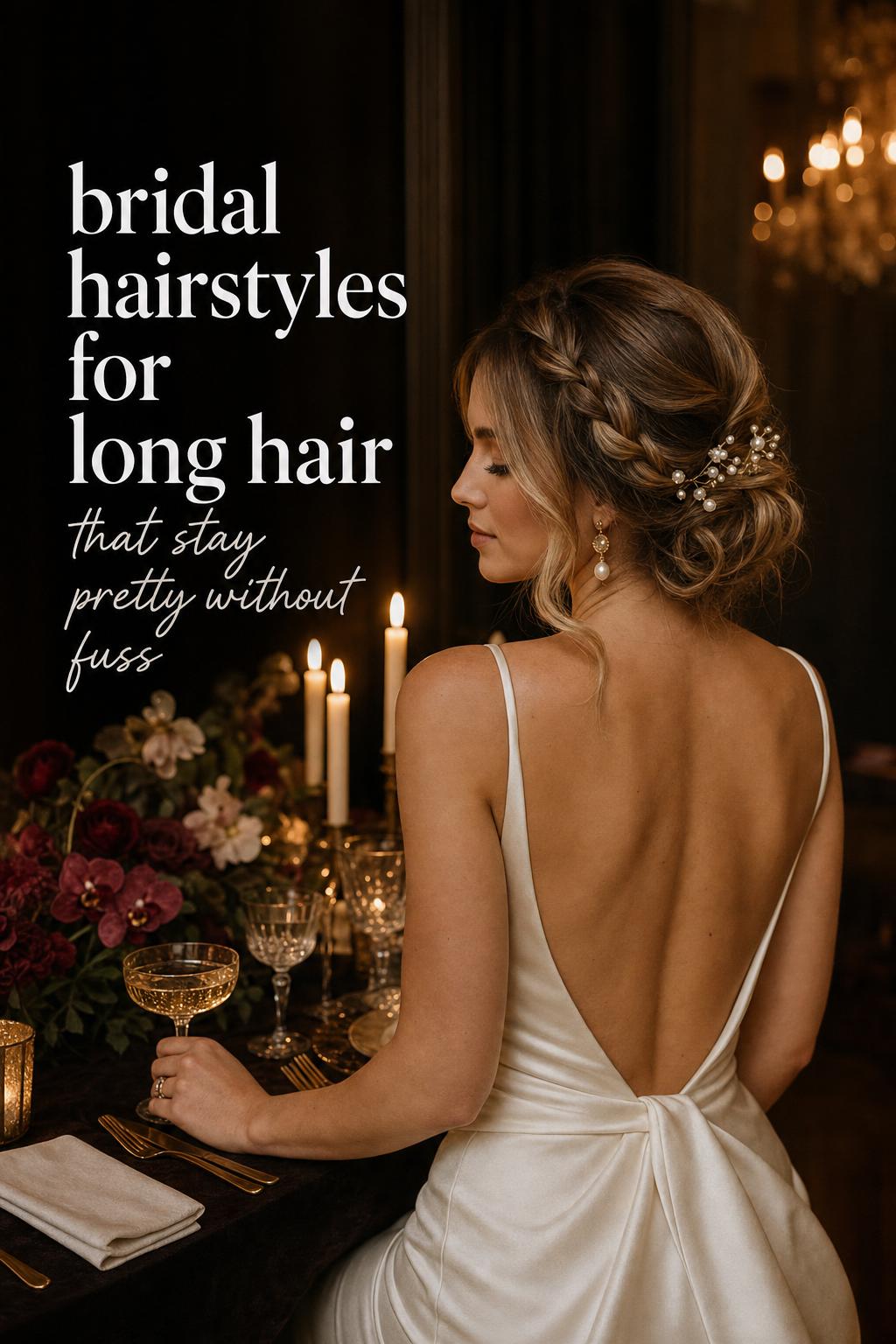 Bridal hairstyles for long hair: glossy low chignon with pearl pins in a moody candlelit wedding reception