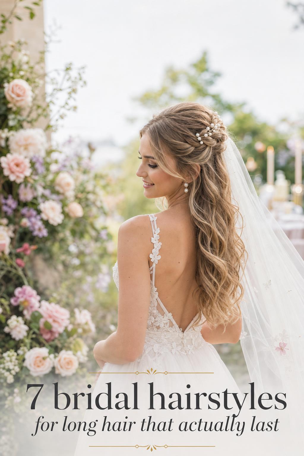 Bride wearing soft half-up waves with pearls and veil in a garden, bridal hairstyles for long hair inspiration