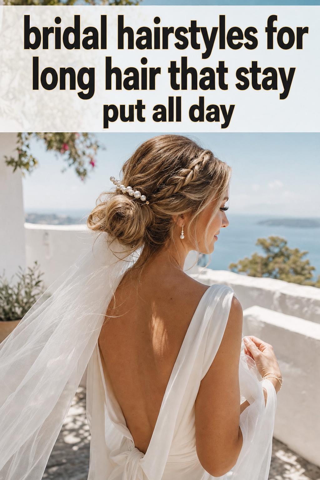 Bridal hairstyles for long hair with soft waves and an elegant updo, photographed in natural light