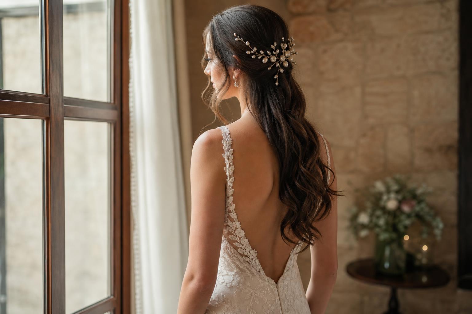 Bridal hairstyles for long hair with soft waves and a pearl hair comb in a romantic wedding portrait