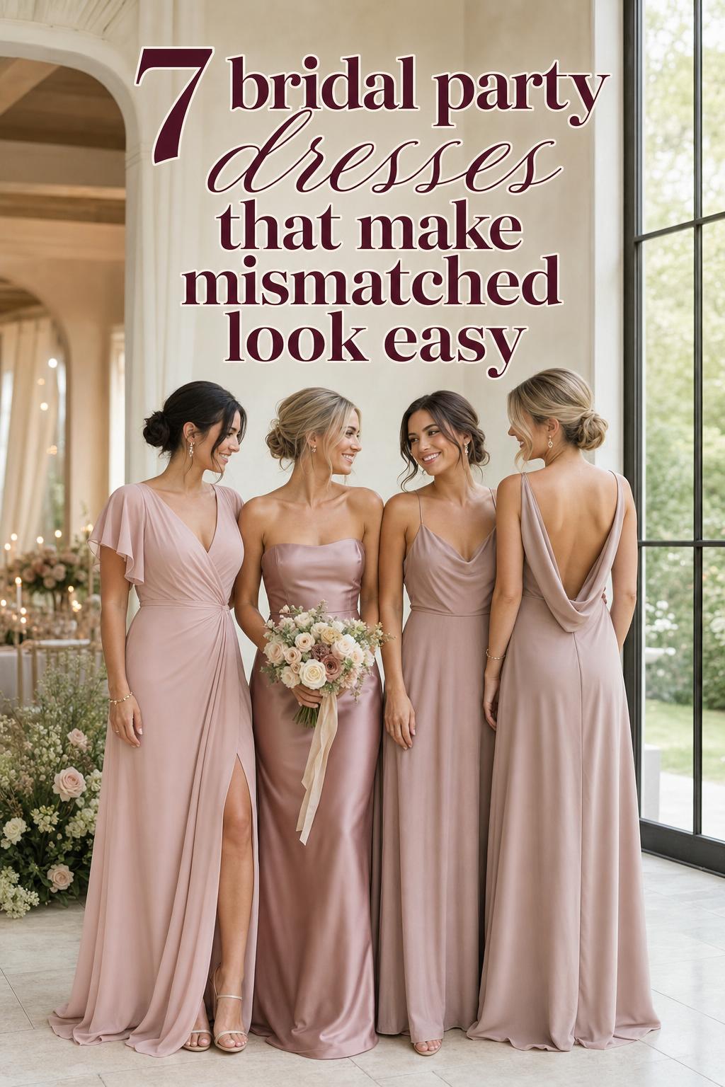 Bridesmaids in mix-and-match bridal party dresses in dusty rose and mauve with Pinterest text overlay in airy venue