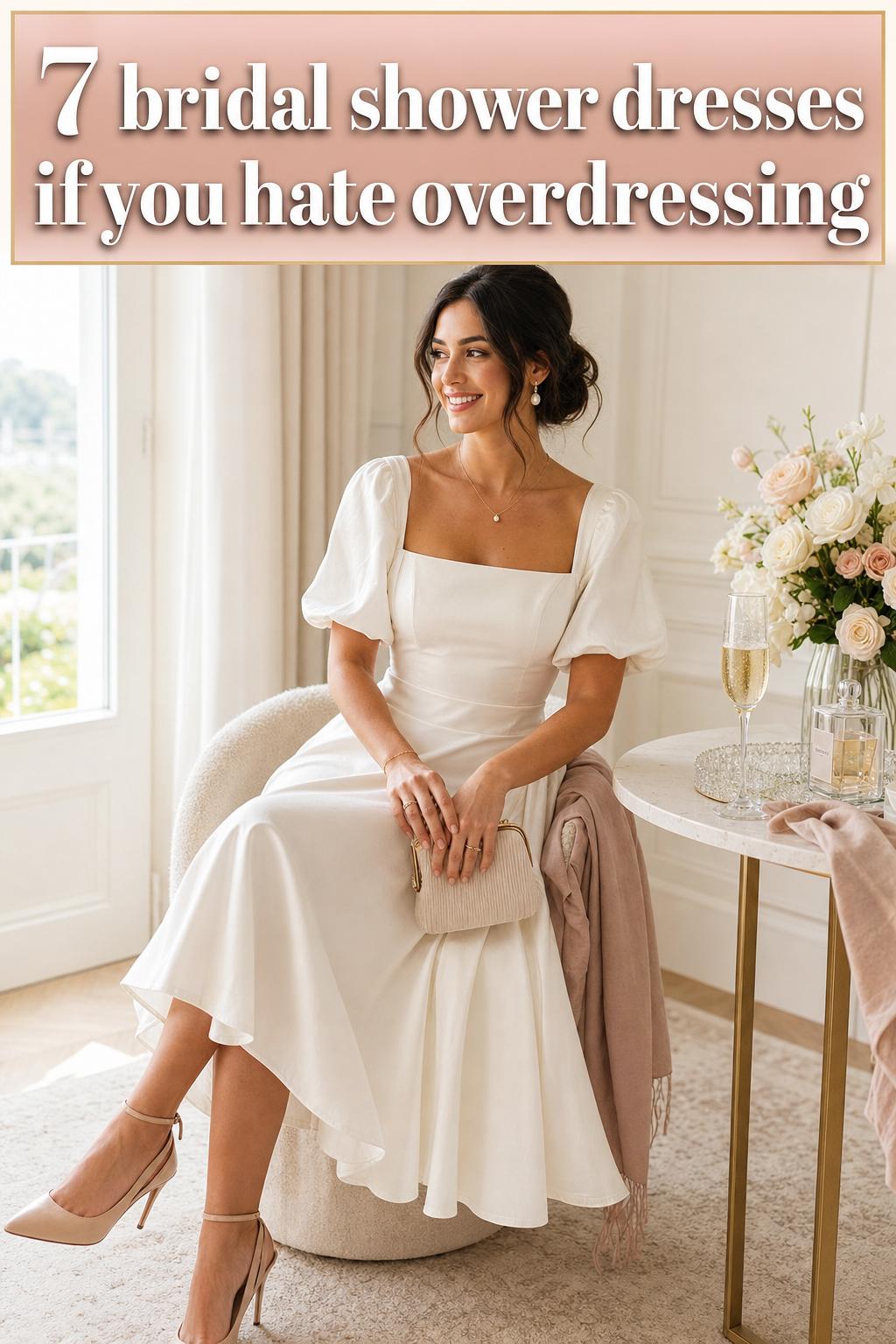 Bridal shower dresses displayed on a boutique rack with soft pastel tones and lace details in natural light