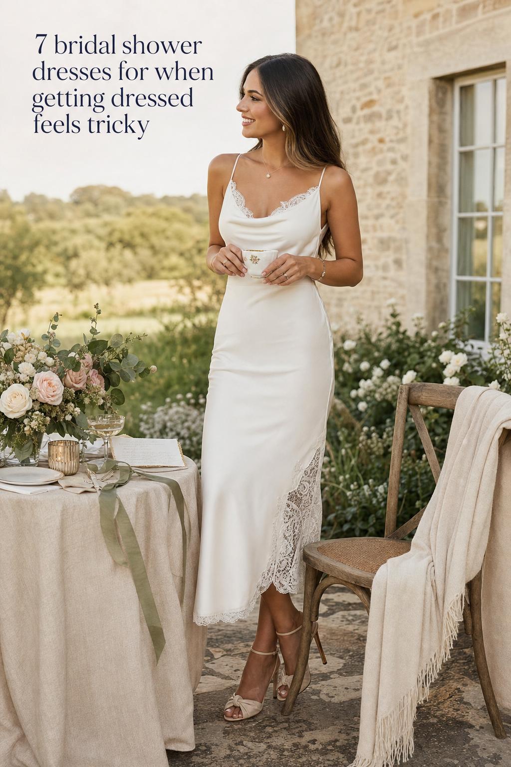 Bridal shower dresses inspiration: woman in ivory midi dress at rustic countryside estate terrace in warm golden-hour light