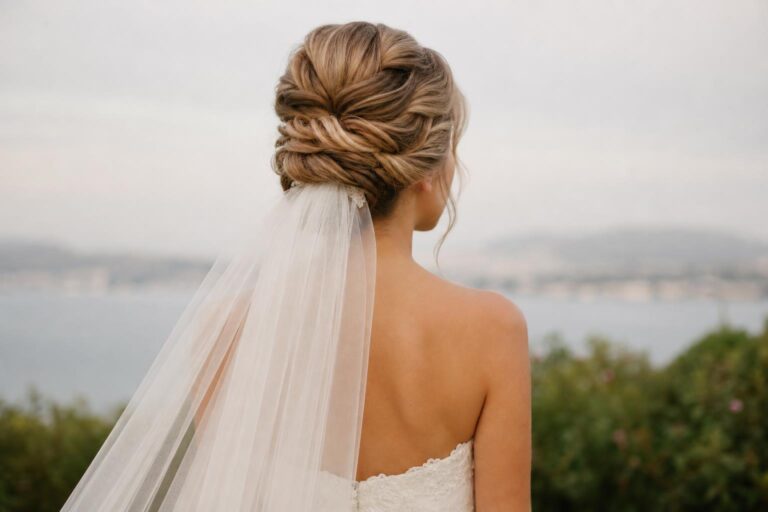 Bridal updo with veil featuring a low chignon and soft tulle, photographed from the back for a refined romantic look