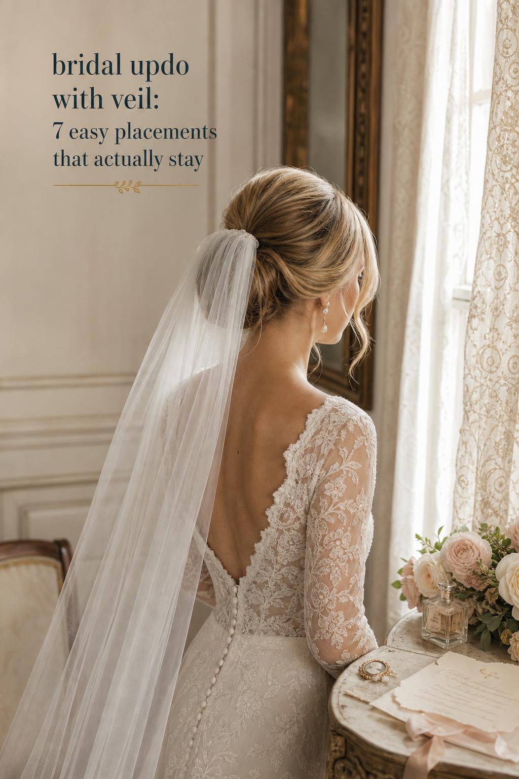Bridal updo with veil in a polished low chignon, fingertip tulle veil under bun, vintage window-lit wedding portrait