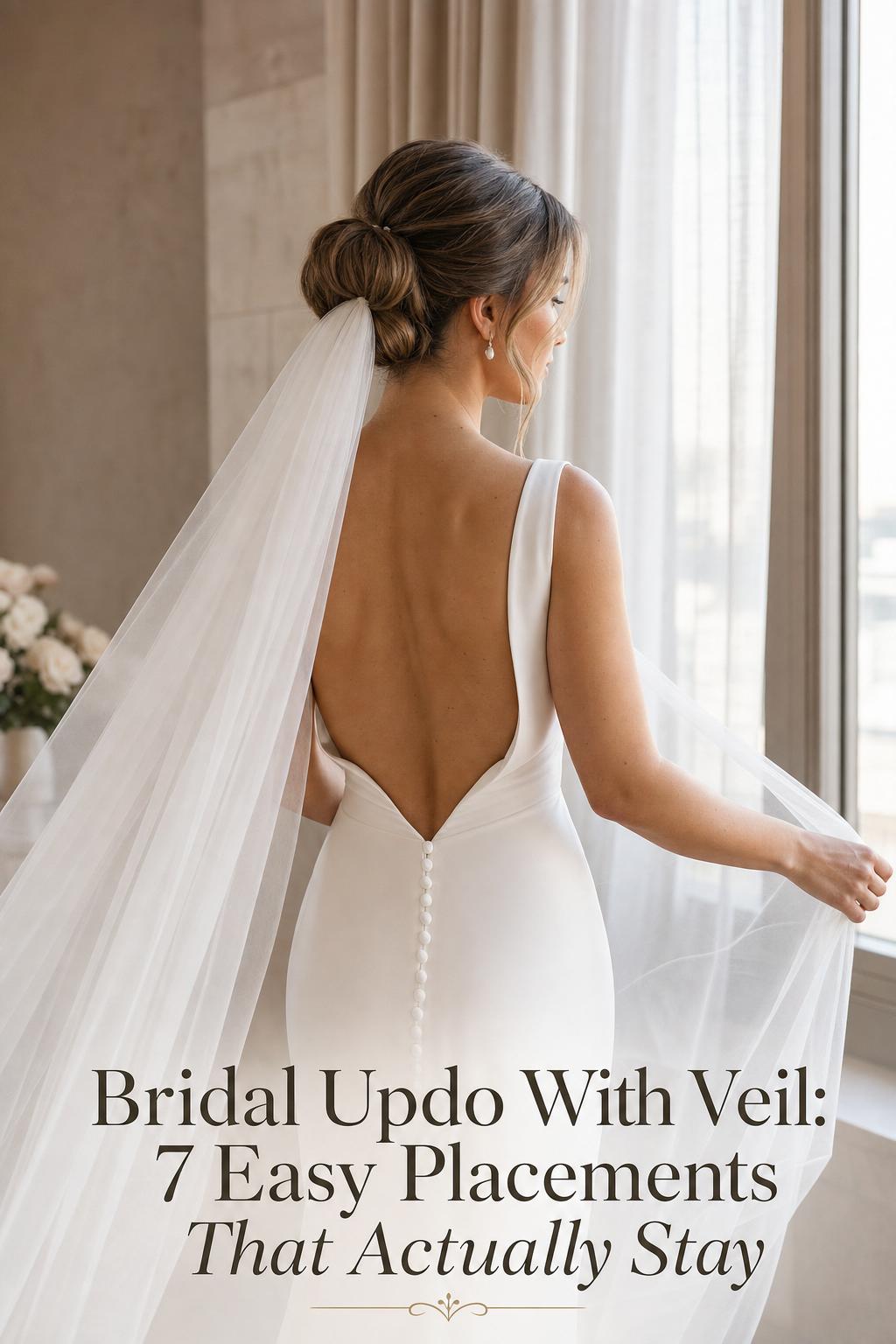 Modern bride back view near window wearing a bridal updo with veil, low chignon and open-back ivory gown in soft light
