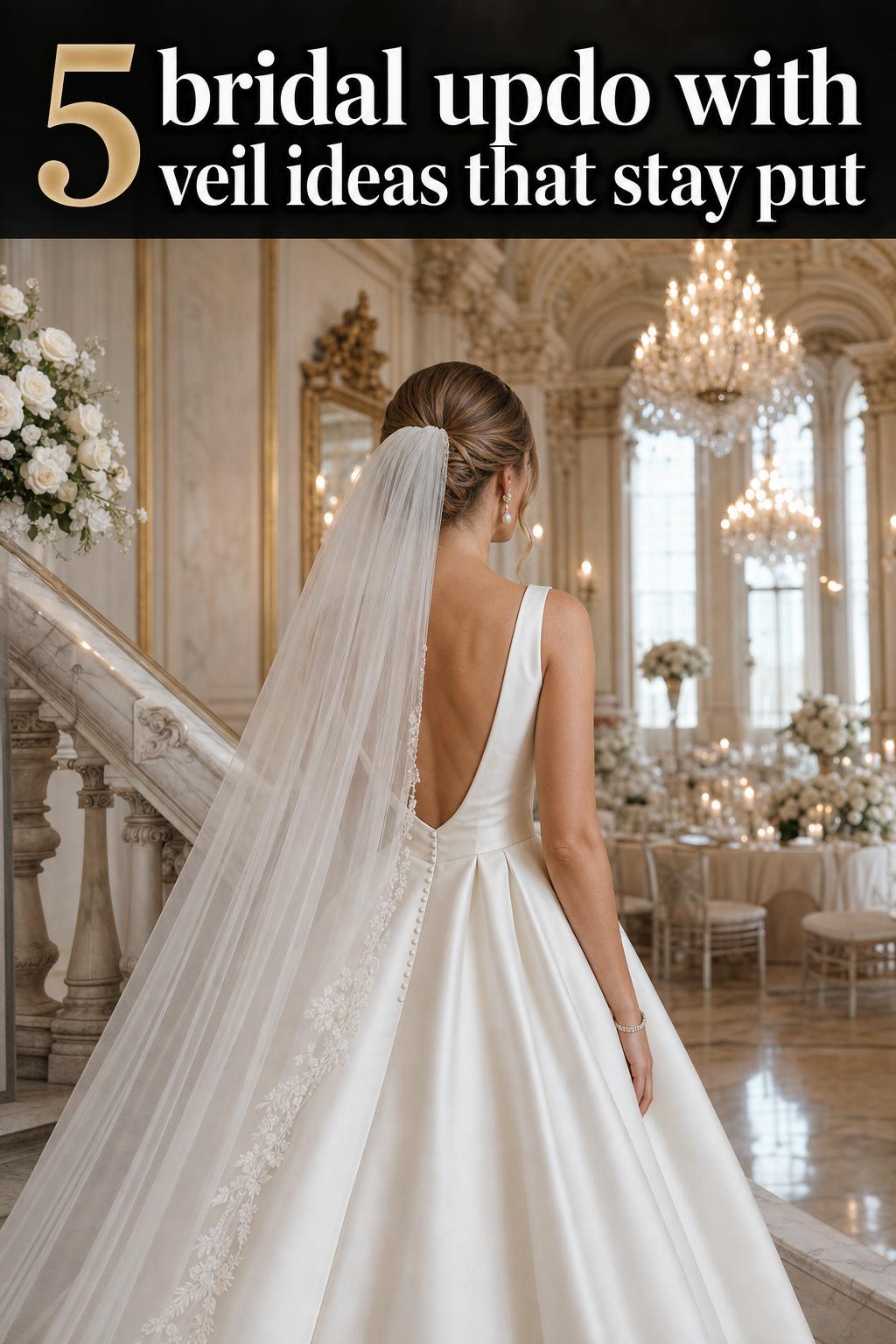 Bridal updo with veil in a classic romantic hairstyle, photographed from the back with soft natural light.