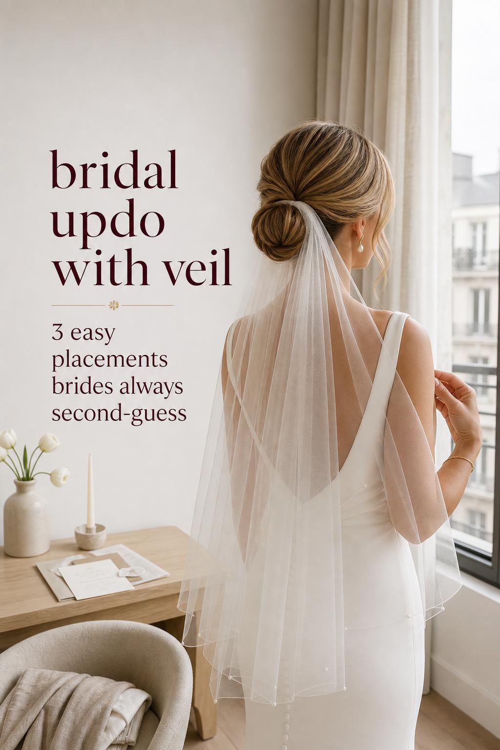 Bride in minimalist sunlit suite showing bridal updo with veil placement, Scandinavian wedding hair inspiration