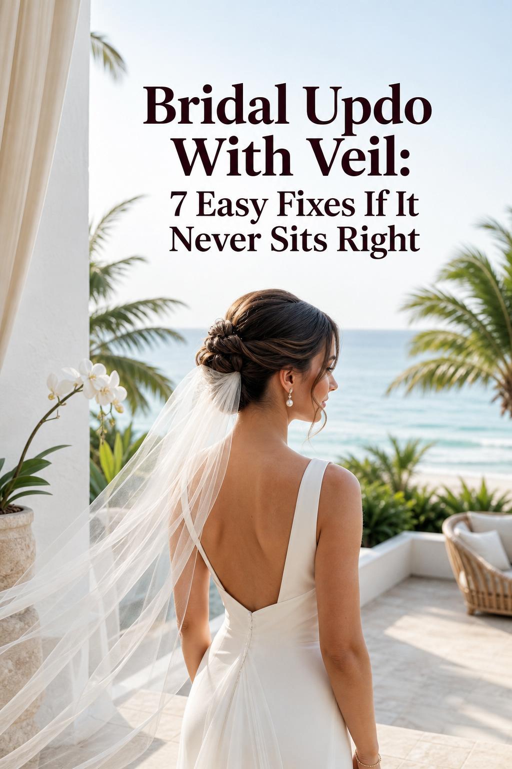 Bridal updo with veil on a tropical resort terrace, bride in ivory gown with low chignon and soft veil in morning light