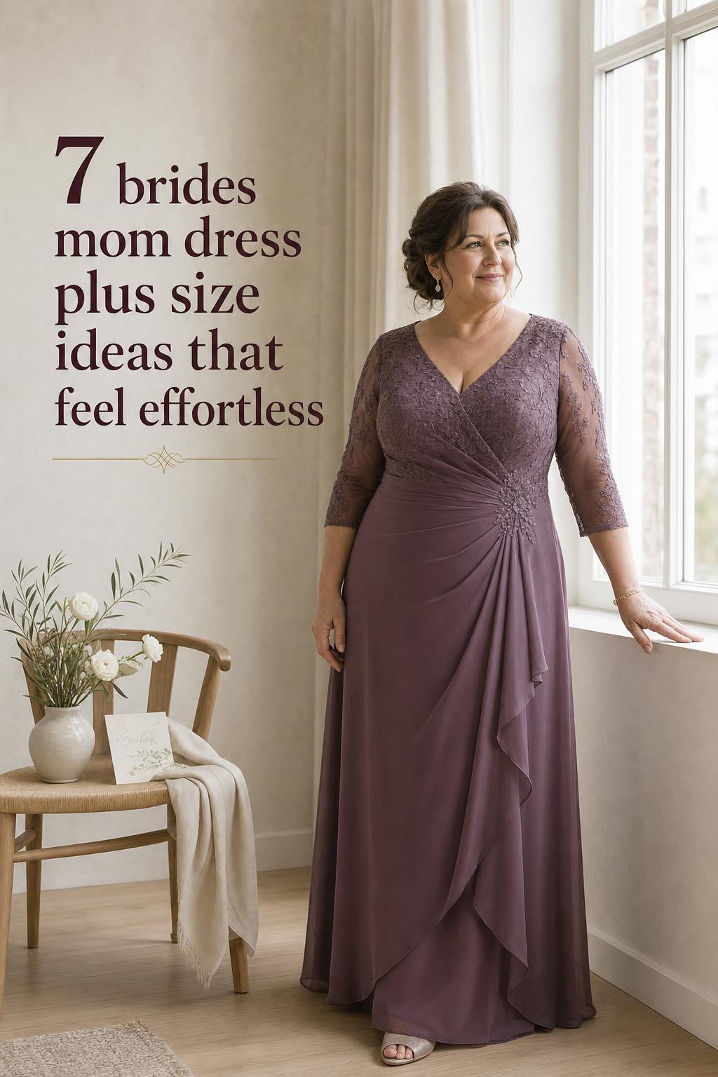 Brides mom dress plus size in dusty plum chiffon, confident mother of the bride by a bright Nordic window