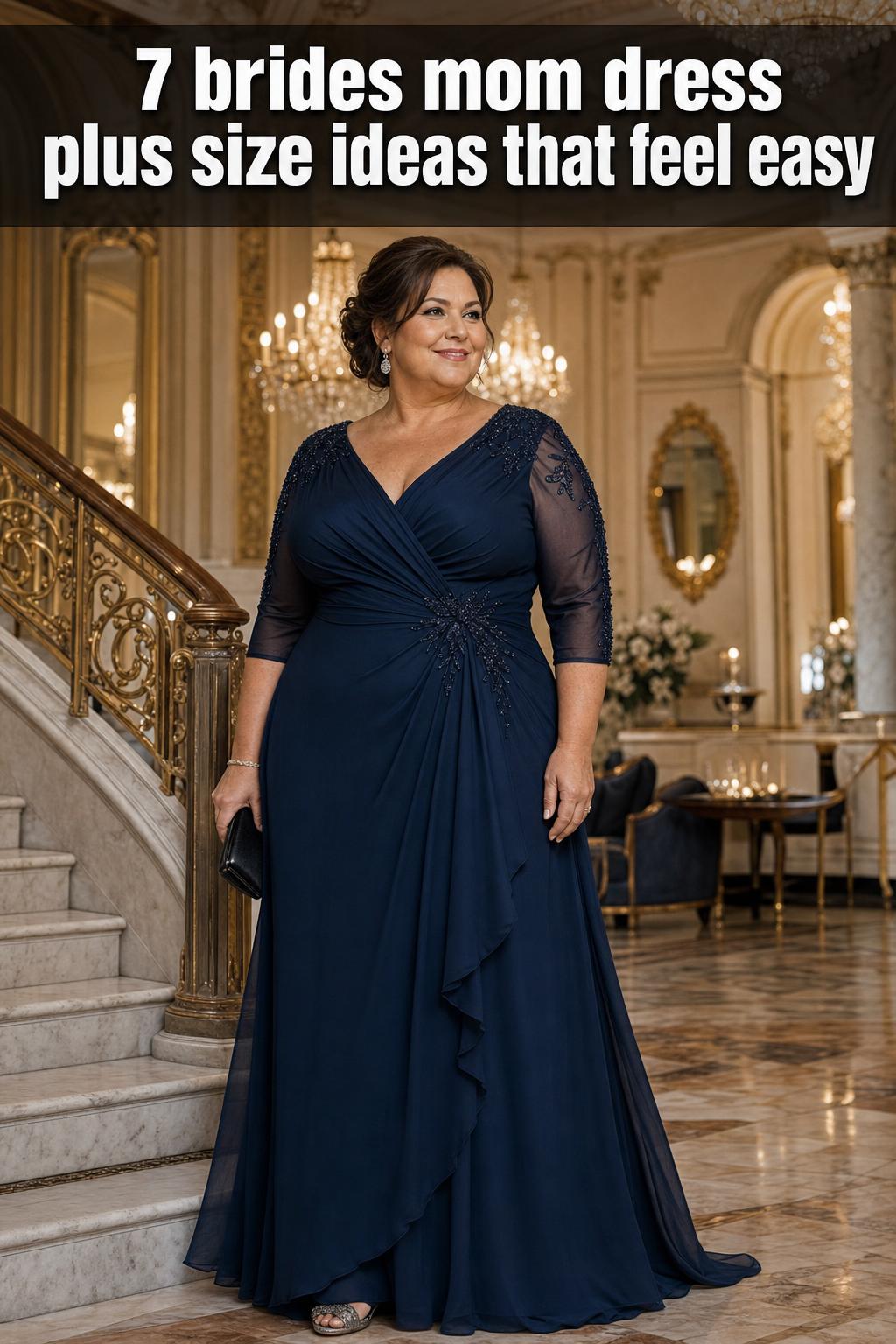 Plus size bride’s mom dress in elegant lace, perfect for wedding day photos