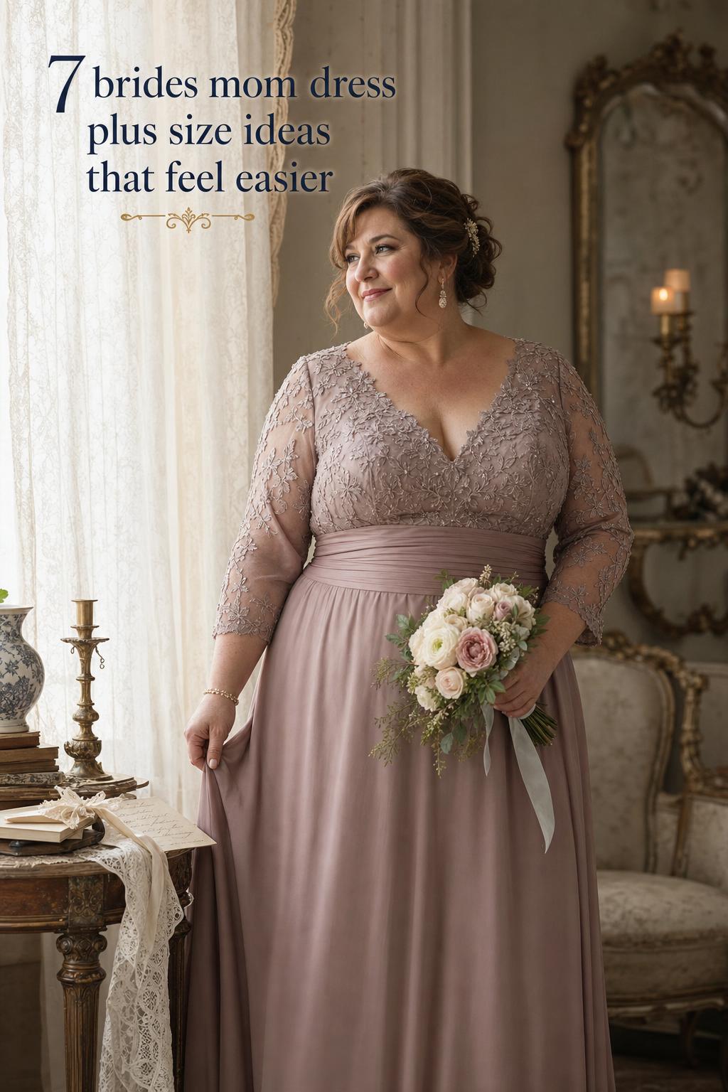 Brides mom dress plus size inspiration: elegant mother-of-the-bride in dusty mauve gown by a tall window in a vintage room