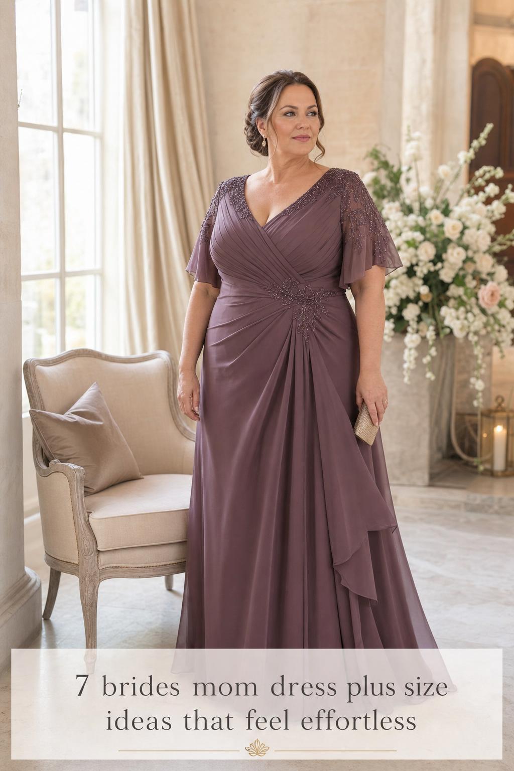 Brides mom dress plus size inspiration: confident mother-of-the-bride in jewel-tone chiffon satin gown at elegant wedding venue