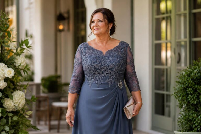 Brides mom dress plus size in navy chiffon with sleeves, flattering A-line gown photographed at an elegant wedding venue