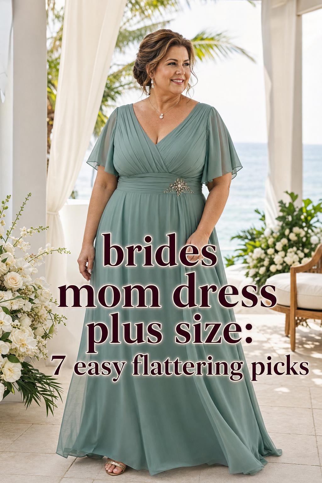 Brides mom dress plus size inspiration: plus-size mother of the bride in a chiffon A-line gown on a tropical resort terrace