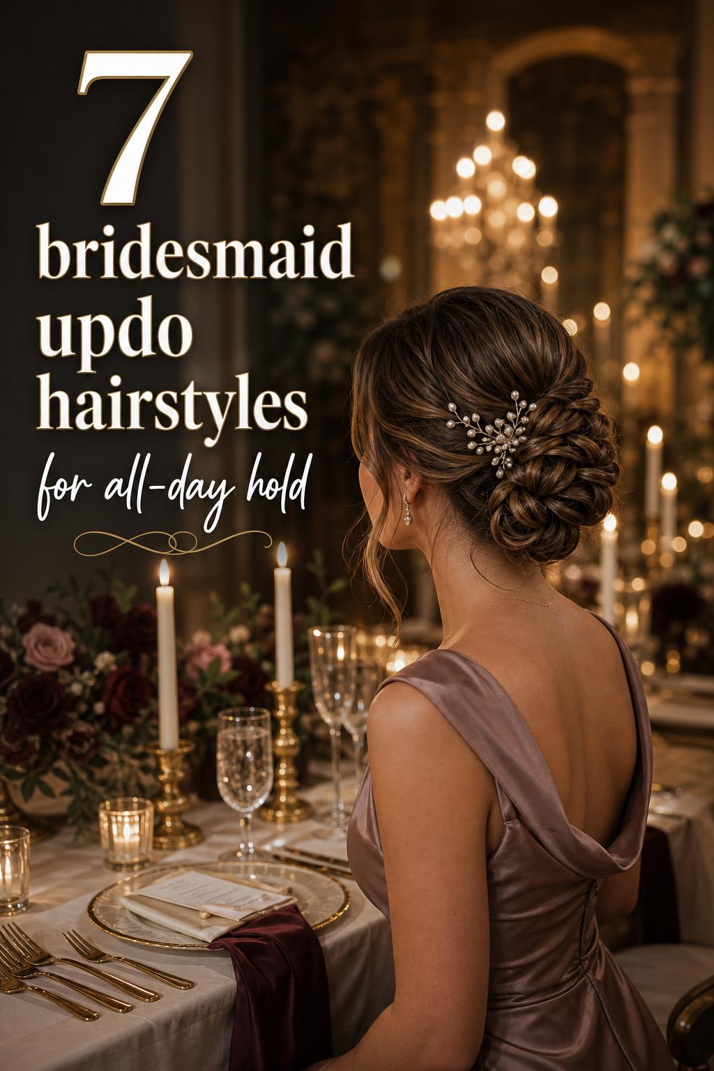 Bridesmaid updo hairstyles showcased in a candlelit wedding reception, featuring a low chignon with pearl crystal comb