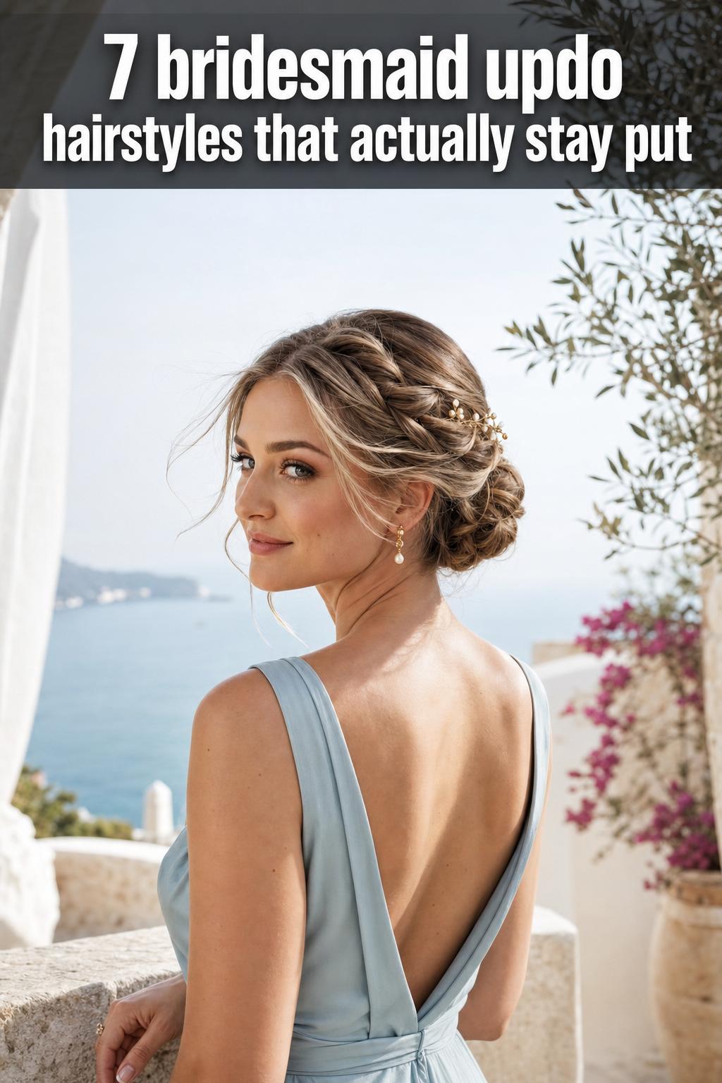 Bridesmaid updo hairstyles with elegant twisted bun and soft curls, photographed from the side in natural light