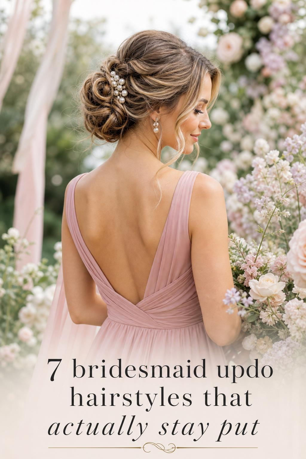 Bridesmaid updo hairstyles in a garden wedding, featuring a dusty-rose dress with a pearl-pinned low chignon and soft braid