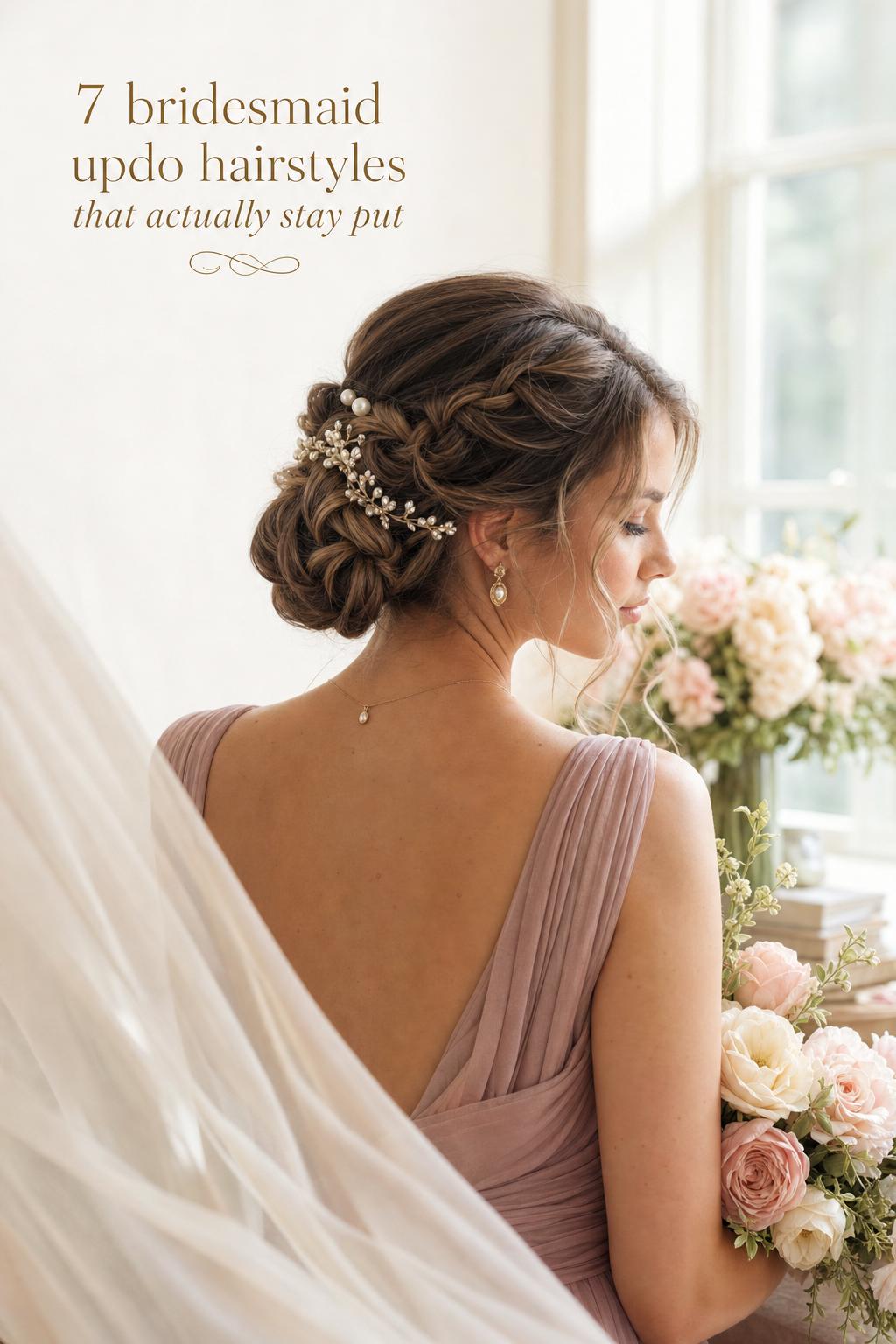 Bridesmaid updo hairstyles with low chignon, pearl pins and crystal vine by a sunlit window in dreamy wedding light