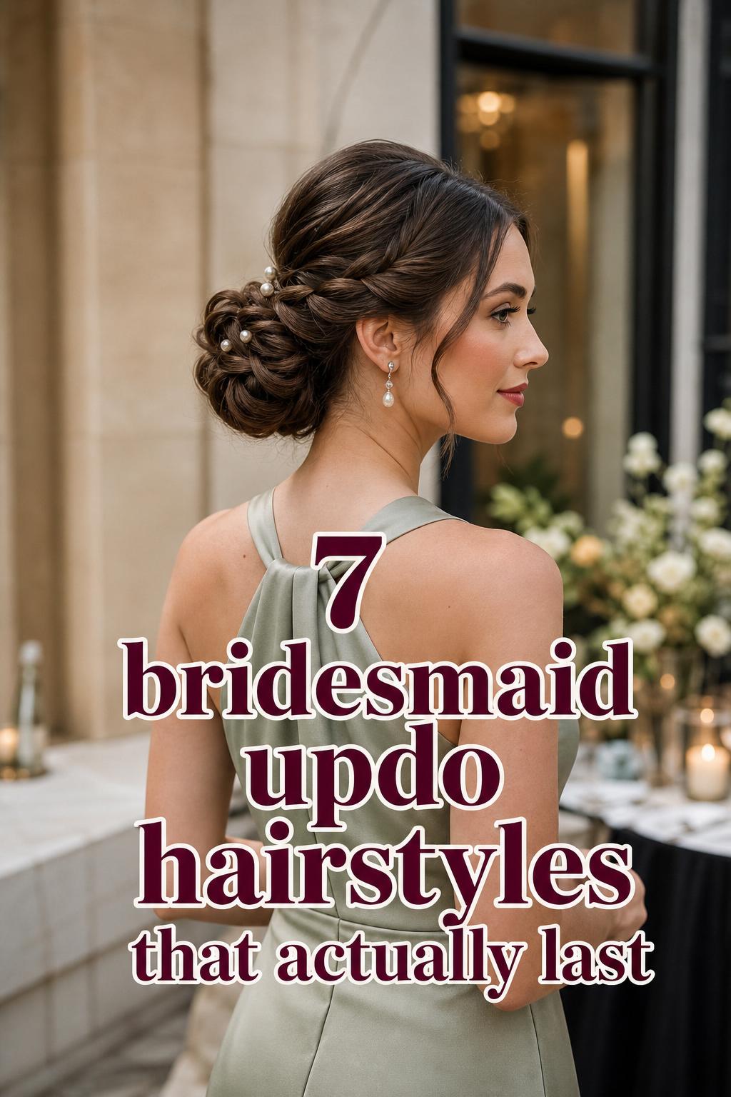 Bridesmaid updo hairstyles featuring a sculpted low chignon with braided twist and pearl pins in a luxury wedding venue