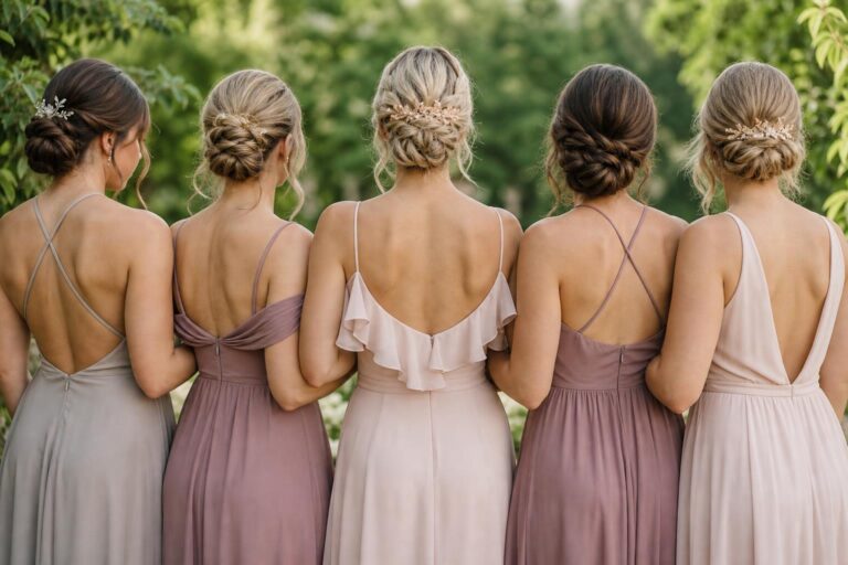 Bridesmaid updo hairstyles featuring a soft low chignon with loose tendrils and pearl pins in natural wedding light